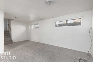 Basement featuring carpet flooring, a wealth of natural light, and a textured ceiling