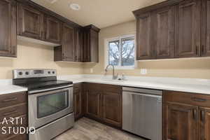 Kitchen featuring sink, stainless steel appliances, dark brown cabinets, and light wood-type flooring