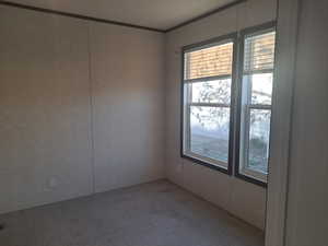 Carpeted spare room with crown molding