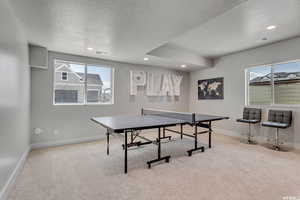 Rec room featuring a textured ceiling and light carpet