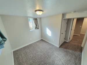 Carpeted spare room with a textured ceiling