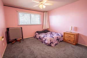 Bedroom with ceiling fan and dark carpet