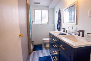 Bathroom featuring hardwood / wood-style flooring, vanity, toilet, and a shower with curtain