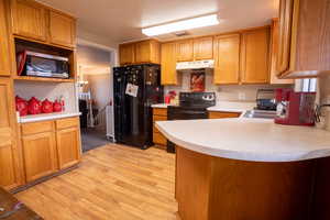 Kitchen featuring black appliances, kitchen peninsula, light wood-type flooring, and sink