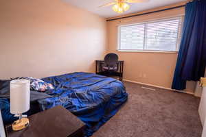 Carpeted bedroom with ceiling fan