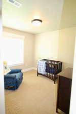 Bedroom with carpet flooring and a crib