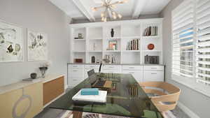 Office featuring beam ceiling and a notable chandelier