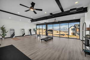 Exercise room with ceiling fan, a mountain view, wood-type flooring, and a wall of windows