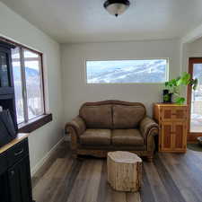 Living room with dark hardwood / wood-style floors and a healthy amount of sunlight