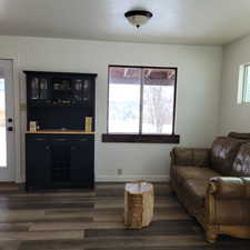 Living room featuring dark wood-type flooring and bar