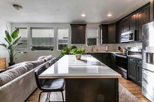 Kitchen with a center island, stainless steel appliances, dark brown cabinets, and light wood-type flooring