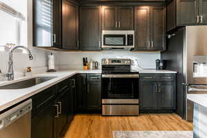 Kitchen featuring appliances with stainless steel finishes, light hardwood / wood-style flooring, dark brown cabinets, and sink