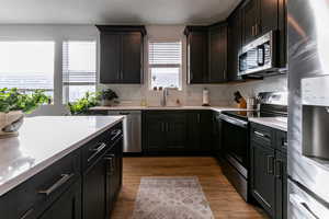 Kitchen with hardwood / wood-style floors, appliances with stainless steel finishes, a wealth of natural light, and sink