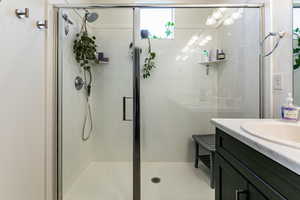 Bathroom with a shower with door and vanity