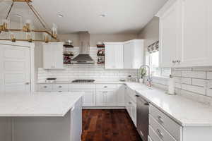 Kitchen with white cabinets, sink, dark hardwood / wood-style floors, appliances with stainless steel finishes, and extractor fan