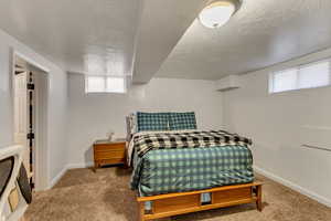 Carpeted bedroom featuring a textured ceiling