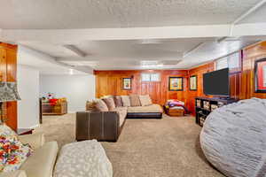 Carpeted living room featuring a textured ceiling and wood walls