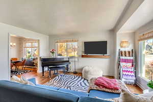 Living room featuring hardwood / wood-style flooring, a healthy amount of sunlight, and an inviting chandelier