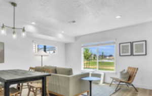 Living room with a healthy amount of sunlight and light hardwood / wood-style floors