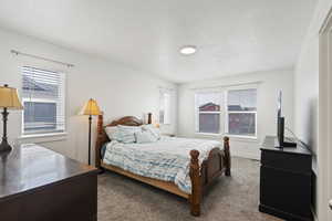 Bedroom featuring light carpet and a textured ceiling