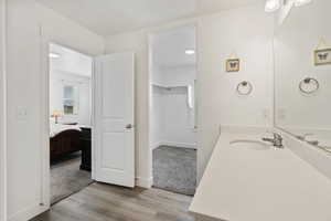 Bathroom with vanity and wood-type flooring