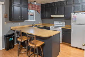 Kitchen with kitchen peninsula, a kitchen breakfast bar, light wood-type flooring, electric range, and white fridge