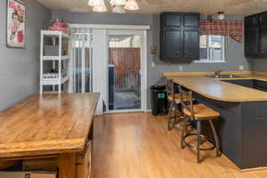 Kitchen with a wealth of natural light, sink, a textured ceiling, and light wood-type flooring