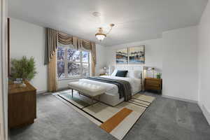 Virtual Staging Carpeted bedroom featuring baseboards and a textured ceiling