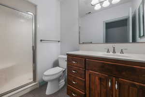 Full bathroom with tile patterned floors, visible vents, a stall shower, and toilet