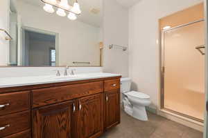 Bathroom featuring tile patterned floors, visible vents, a stall shower, and toilet