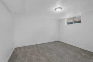 Unfurnished room with a textured ceiling and carpet flooring