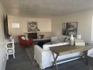 Carpeted living room with a textured ceiling