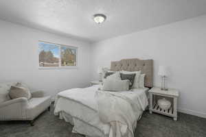 Carpeted bedroom with a textured ceiling