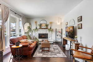 Living room featuring dark hardwood / wood-style flooring and a premium fireplace