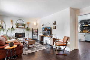 Living room featuring a high end fireplace and dark wood-type flooring