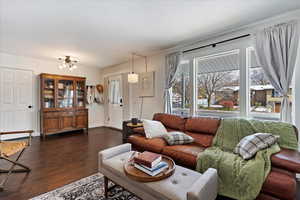 Living room featuring dark hardwood / wood-style flooring and a notable chandelier