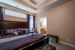 Carpeted bedroom featuring connected bathroom