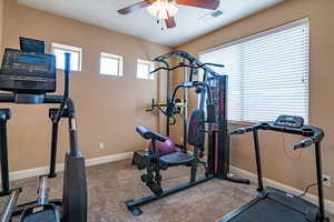 Workout area with carpet flooring and ceiling fan