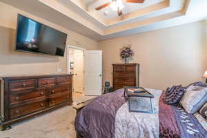 Carpeted bedroom with a tray ceiling and ceiling fan