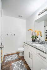 Bathroom with hardwood / wood-style floors, vanity, a textured ceiling, and toilet