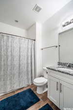 Bathroom featuring wood-type flooring, vanity, a textured ceiling, and toilet