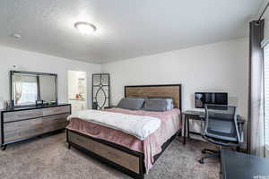 Carpeted bedroom featuring a textured ceiling and ensuite bath