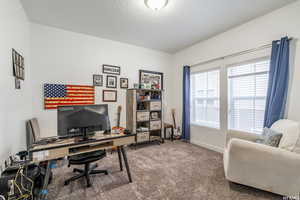 Carpeted office featuring a textured ceiling