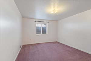 Empty room with carpet floors and a textured ceiling