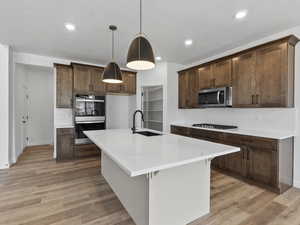 Kitchen featuring hanging light fixtures, sink, light hardwood / wood-style flooring, an island with sink, and appliances with stainless steel finishes