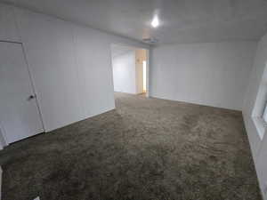 Carpeted empty room with a textured ceiling