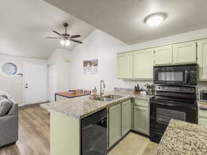 Kitchen featuring sink, vaulted ceiling, green cabinetry, and black appliances