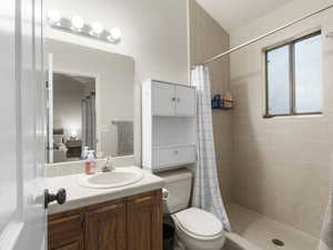 Bathroom featuring vanity, toilet, and curtained shower