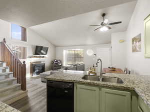 Kitchen featuring sink, green cabinetry, black dishwasher, dark hardwood / wood-style floors, and lofted ceiling