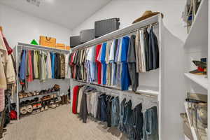 Spacious closet featuring light colored carpet and lofted ceiling